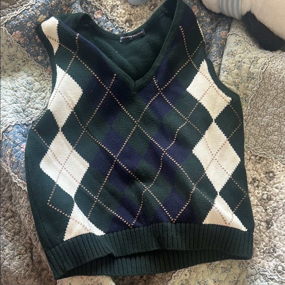 Brandy Melville Green and Blue V-Neck Sweater